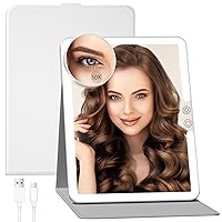 FUNTOUCH 2500mAh Large Rechargeable Travel Makeup Mirror with Light, Portable Makeup Mirror with 10X Magnifying Mirror, 3 Lighting Modes, Tabletop Folding Travel Mirror with PU Leather Cover (White)
