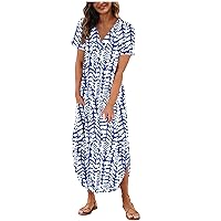 Womens Hawaiian Maxi Long Dresses Loose Fit Dresses for Women Short Sleeve V Neck Beach Summer Fall Dresses 2024