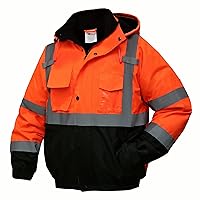 High Visibility Reflective Jackets for Men, Waterproof Class 3 Safety Jacket with Pockets, Hi Vis Orange Coats with Black Bottom, Mens Work Construction Coats for Cold Weather, Large, 1 Pack