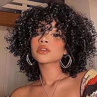 Short Black Curly Afro Wigs with Bangs for Black Women, Black Afro Wigs Kinky Curly Full Wigs Synthetic Heat Resistant Wigs For African Women With Wig Cap (Black)