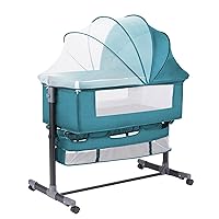 Bedside Bassinet for Baby, Bedside Sleeper with Wheels, Heigt Adjustable, with Mosquito Nets, Large Storage Bag, for Infant/Baby/Newborn (Blue)