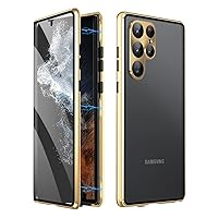 Magnetic Case for Samsung Galaxy S23/S23 Plus/S23 Ultra Double Sided Clear Tempered Glass Phone Case with Camera Protector Shockproof Aluminum Bumper with Safety Lock (Gold,S23 Plus)