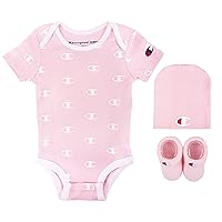 Champion unisex-baby 3-pc Box Set Includes an Infant Body Suit, a Bib Or Hat & Pair of Booties in Multiple Colors Size 0-6m