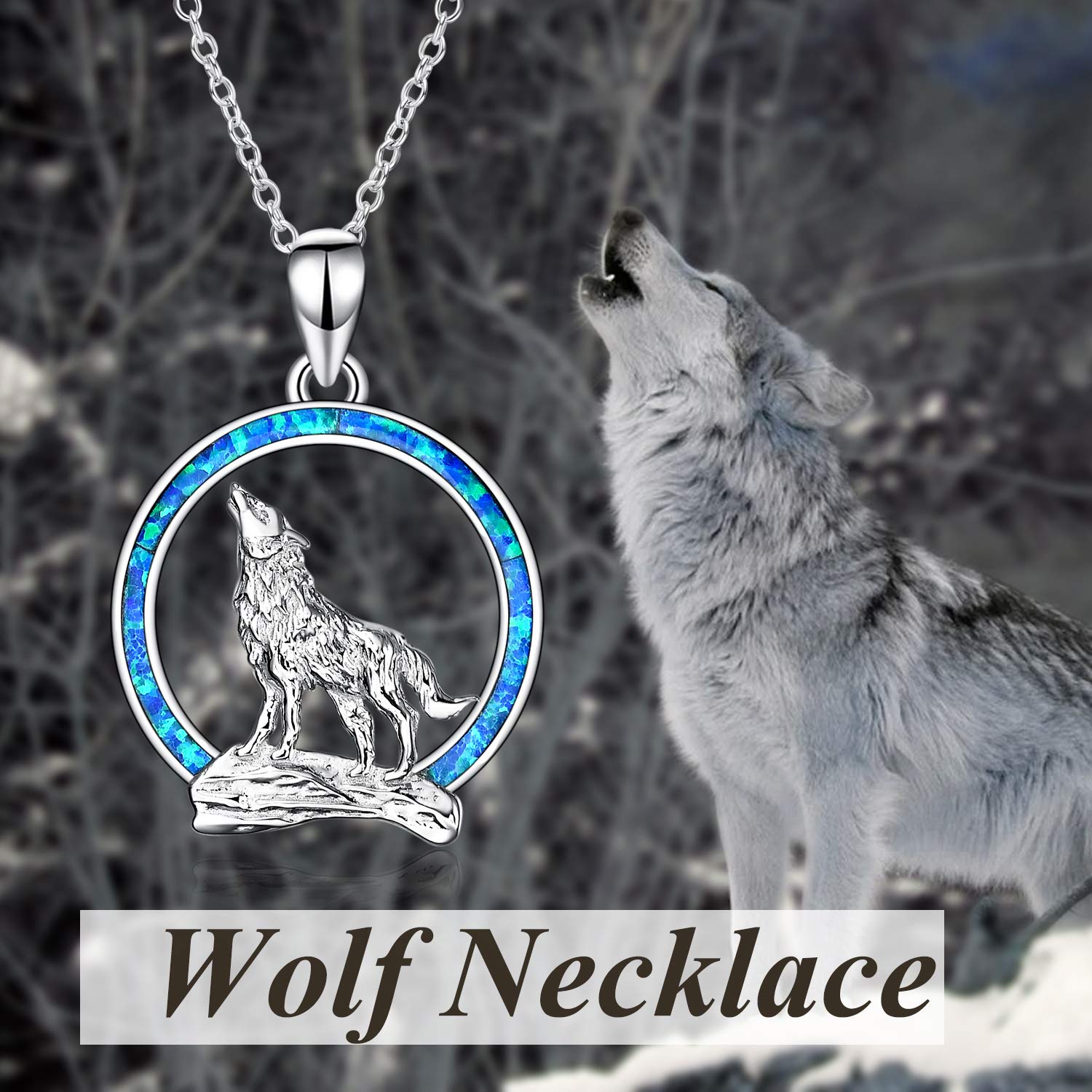 YFN Wolf Necklace Gifts for Men Women Sterling Silver Opal Moon Wolf Jewelry Birthday for Wolf Lover 18+2