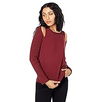 Vince Camuto Womens Maroon Stretch Ribbed Cold Shoulder Mixed Textured Long Sleeve Crew Neck Top XS