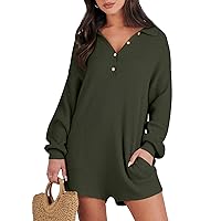 Caracilia Women Long Sleeve Sweater Romper Button Down V Neck Onesie Knit Shorts Jumpsuit Loungewear Fall Outfit with Pockets