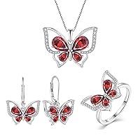 YL Butterfly Jewelry Set 925 Sterling Silver Ring Created Ruby Statement Earrings Necklace for Women-Size9