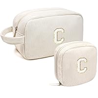 Personalized Initial Makeup Bag, Preppy Patch Makeup Bags Travel Toiletry Bag Zipper Pouch Purse Gifts for Her Mom Sister Teacher Valentine's Day Birthday Gifts for Women Girls (Letter C, 2Pack Beige)