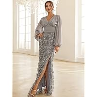 Womens Fall Fashion 2022 Lantern Sleeve Split Thigh Sequin Fringe Dress (Color : Gray, Size : Small)