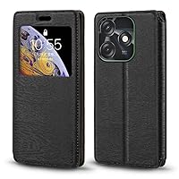 for Tecno Spark 10C Case, Wood Grain Leather Case with Card Holder and Window, Magnetic Flip Cover for Tecno Spark 10C (6.6”) Black