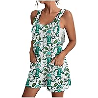 Summer Casual Overalls for Women Funny Graphic Sleeveless Jumpsuits with Pockets Wide Leg Shorts Bib Loose Rompers