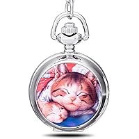 Lazy Cat Kitty Kitten Pendant with Mirror Small Quartz Pocket Watch Silver Long Necklace with Gift Bag for Kids…