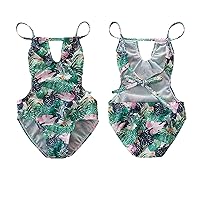 Girls One Piece Swimwear Summer Green Flower Adjustable Shoulder Strap Chiffon Swimsuit Cutout Waist Girls Bathing Suit