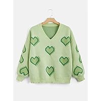 Women's Plus Size Casual Warm Sweater Plus Heart Pattern Drop Shoulder Sweater Charming Mystery Special Beautiful (Color : Lime Green, Size : 3X-Large)