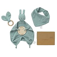 Baby Shower Gifts for Boys and Girls,Newborn Baby Gifts Set,Gender Neutral Baby Gift,Unique New Baby Gifts Basket Box Essential Stuff. Muslin Bunny Blanket Toy,Wooden Teether,Baby Bib (Green)
