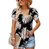 BETTE BOUTIK Womens Summer Tops Pleated Short Sleeve Square Neck Tunics Blouses Shirts