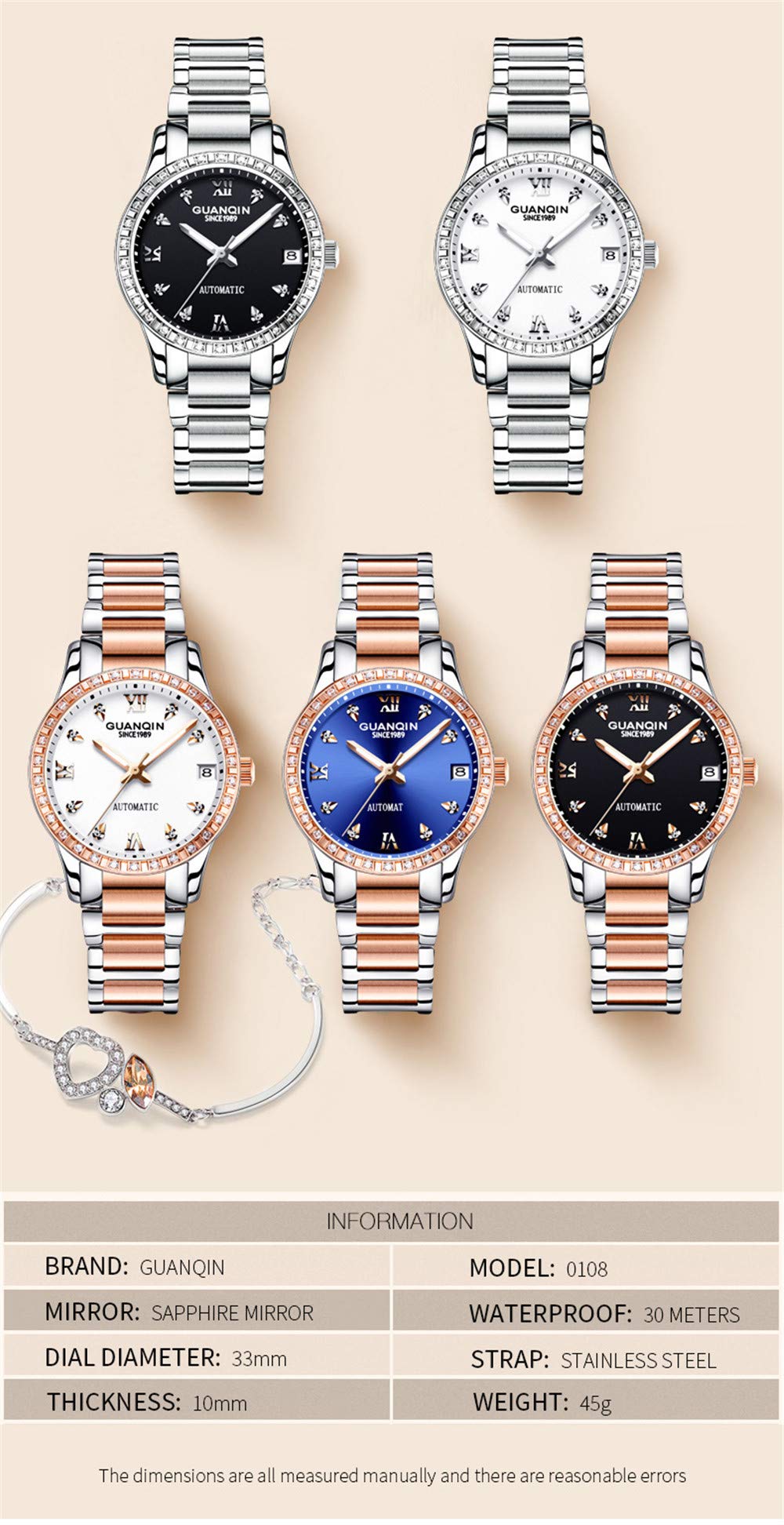 Guanqin Fashion Women Rhinestone Automatic Self Winding Luminous Date Wrist Watch with Stainless Steel Band