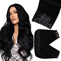 Full Shine Sew in Weft Hair Extensions Human Hair Weft 105 Grams Jet Black Remy Human Hair 24inch + Pu Clip in Hair Extensions 24 Inch Human Hair Clip in Extensions 8Pcs 120g