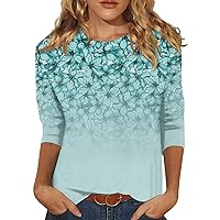 Womens Tops,Womens Vintage Floral Print Round Neck 3/4 Length Sleeve Shirts Loose Fit Three Quarter Length T Shirt