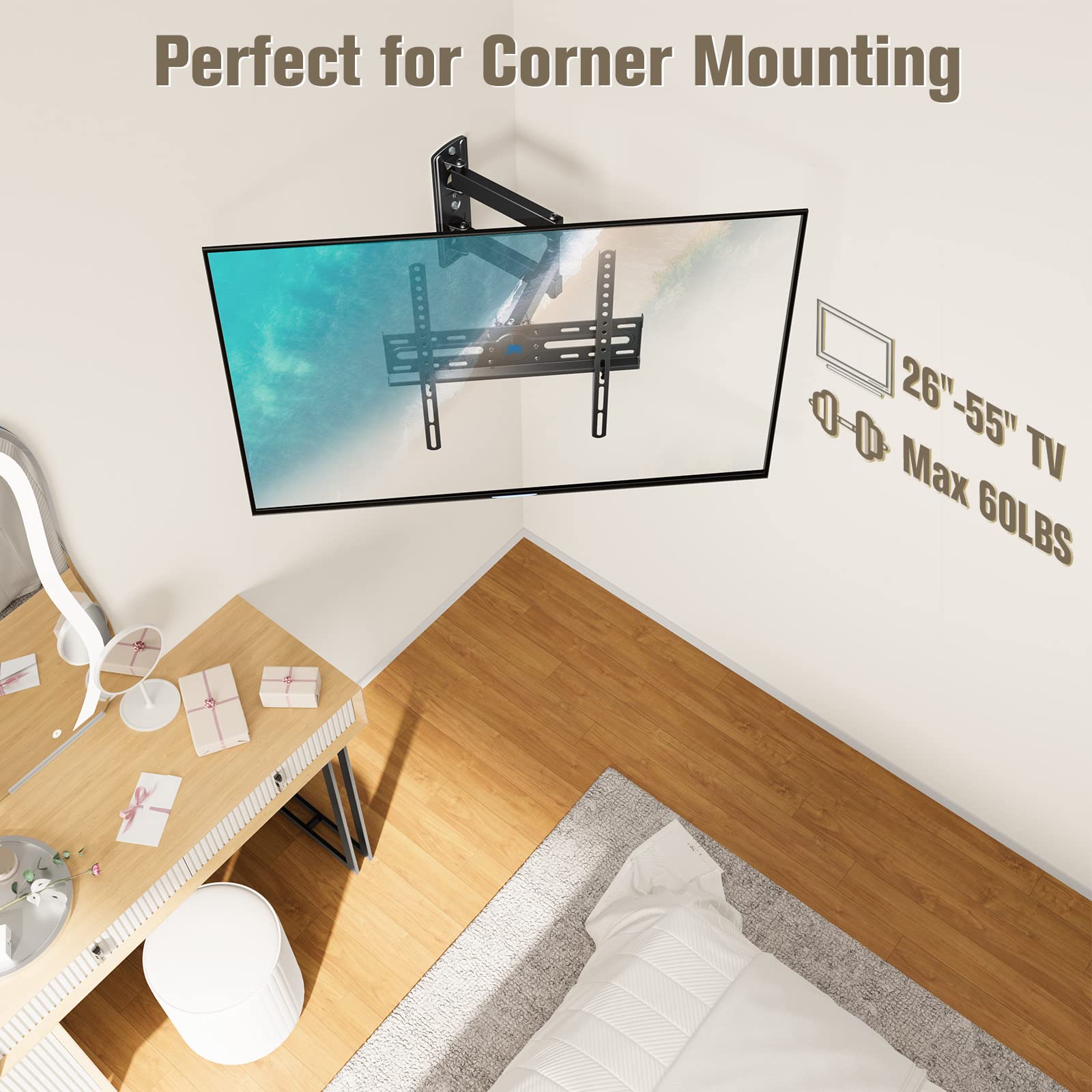 Mounting Dream TV Wall Mount Swivel and Tilt for Most 26-55 Inch TV, TV Mount Perfect Center Design, Full Motion TV Mount Bracket with Articulation, up to VESA 400x400mm, 60 lbs, MD2377