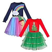 Girls Rainbow Christmas Long Sleeve Tulle Dress 2 PCS Sets
