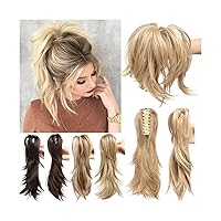 Ponytail Hair Extension Claw Clip Ponytail Hair Extensions Synthetic Bendable Metals Messy Bun Hair piece 12 Inch Wavy Curly Fake Hair Ponytail Extensions Ponytail Hairpiece (Color : 26-613, Size :