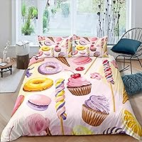 Erosebridal Dessert Comforter Cover, Food Theme Bedding Set, Ice Cream Pattern Bedspread Cover, Cartoon Style Background with Corner Ties for Kids Girls 1 Duvet Cover with 2 Pillow Cases, King Size