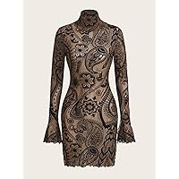 Dresses for Women Floral & Paisley Print Flounce Sleeve Mesh Bodycon Dress (Color : Multicolor, Size : Small)