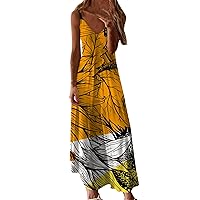 Women's Sexy Spaghetti Strap V Neck Maxi Dress Sunflower Print Loose Casual Sleeveless Long Cami Beach Sundresses