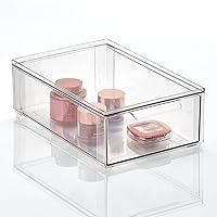 Plastic Stackable Bathroom Storage Organizer Bin Containers with Front Pull Drawer for Bathroom Countertop, Vanity, Closet Shelves - Holder for Beauty Accessories - Lumiere Collection - Clear