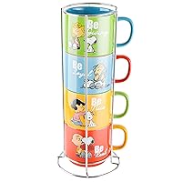 Peanuts Snoopy Gentle Reminders 15oz Stackable Mugs w/Metal Rack, Stoneware, 4-Pack, Assorted Colors