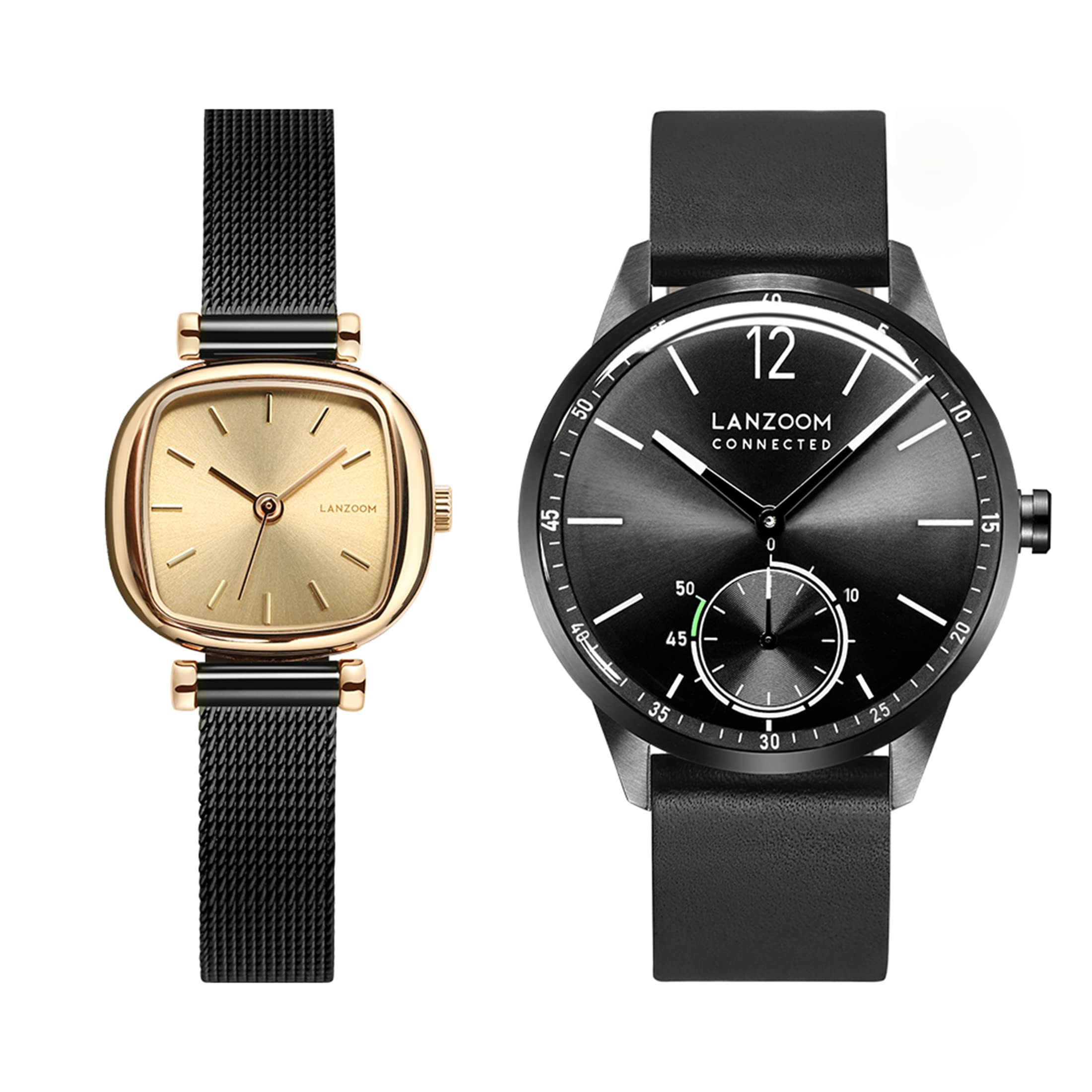 LANZOOM Couple's Time Gold Square Women's Watch + Men's Minimalist Black Watch