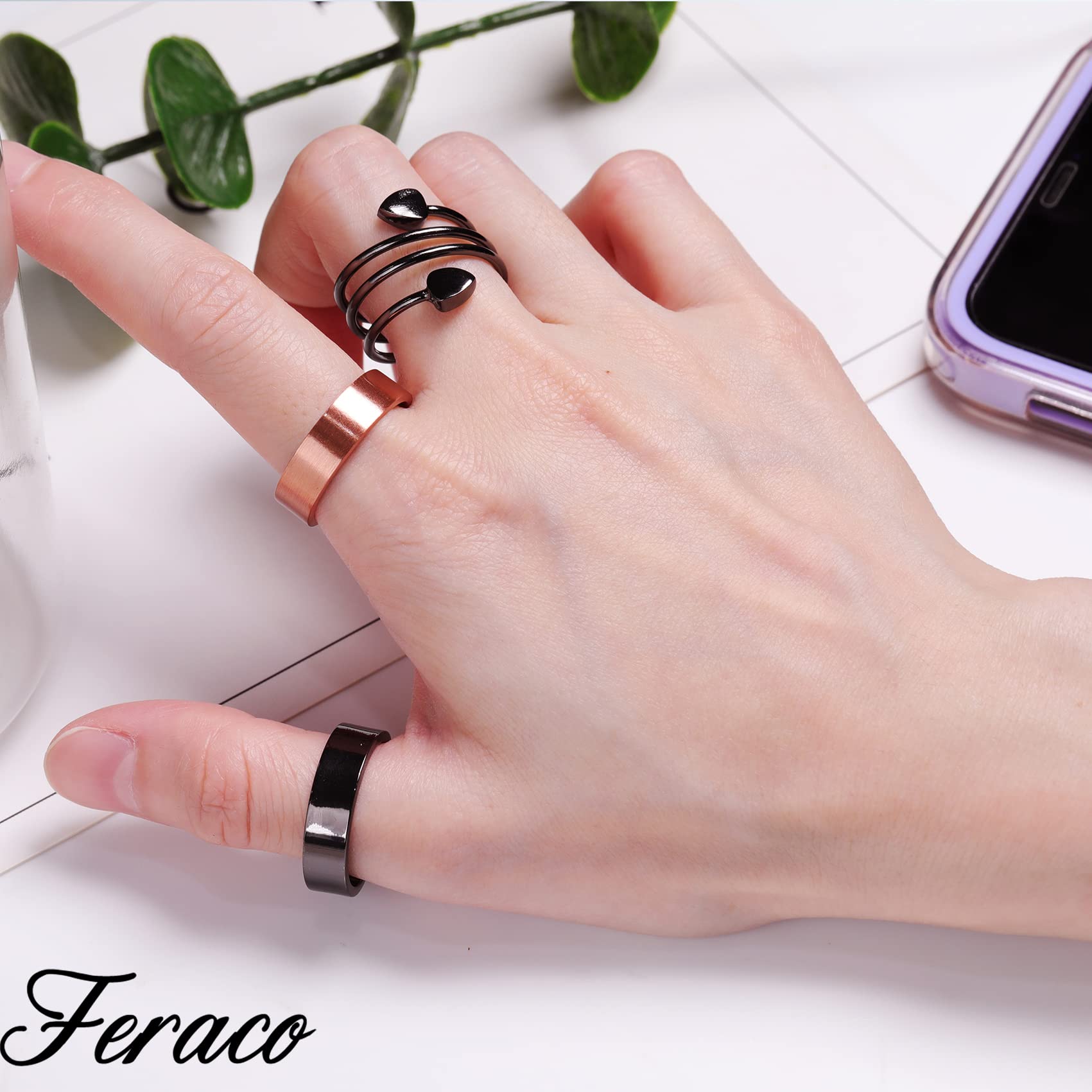 Feraco 2023 New 2 Pcs Magnetic Copper Rings for Women,99.99% Pure Copper Thumb Ring for Women for Valentine's Day,Adjustable Fingers Ring with Gift Box(Silver)