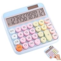 1PC Calculator 12 Digit Desk Calculator Solar and Battery Powered Kids Calculator with Large Display Desktop Calculator Non-Slip Round Button Cute Calculator for Office School, No Battery, Blue