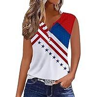 Stars Stripes Henley Tank Tops Womens 4th of July Button V Neck Sleeveless Shirts Summer Casual Loose Patriotic Tees