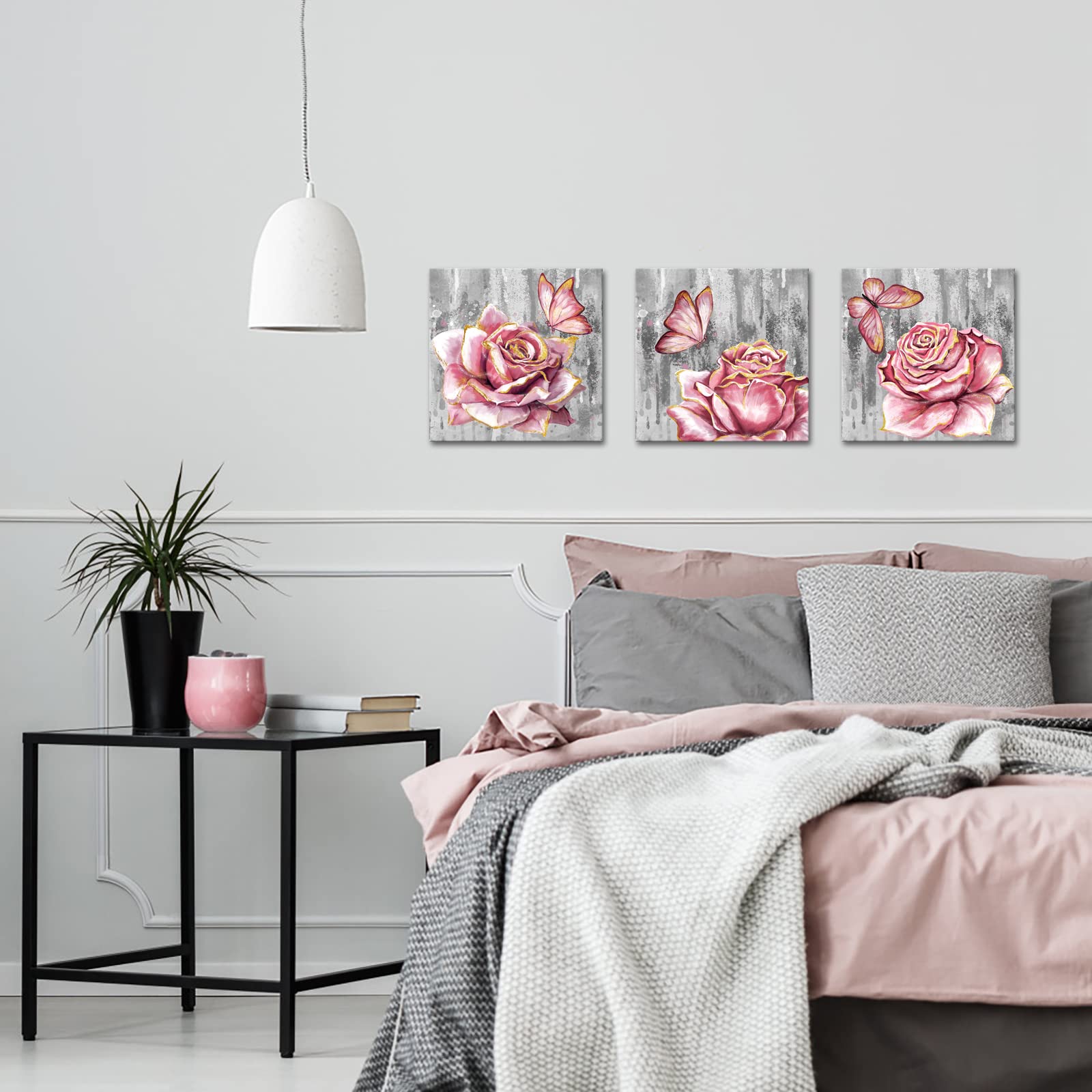 sechars 3 Panel Pink Rose Flower Wall Art Paintings Floral with Butterfly Prints on Grey Canvas Picture Wall Decoration Framed Trendy Gold and Pink Bathroom Bedroom Decor Artwork 12