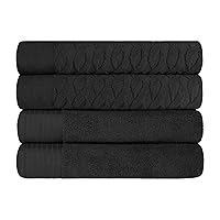 Superior Turkish Cotton Jacquard Solid 4-Piece Bath Towel Set, Body Towels for Adults and Kids, Bathroom Essentials, Shower, Spa, Pool, Quick Drying, Absorbent, Soft Plush, Basics, Black