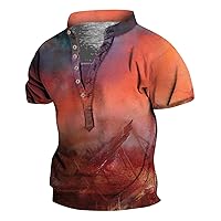T-Shirts for Man,Plus Size Aztec Short Sleeve T Shirt Button Vintage Summer Loose Top Printed Casual Tee Blouse