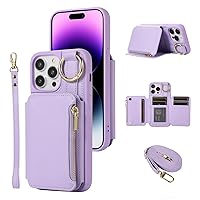 for iPhone 14 Pro Max Case Wallet with Card Holder Straps, Crossbody Leather Credit Card Holder Zipper Handbag Purse Flip Case for iPhone 14 Pro Max 6.7 Inch Purple
