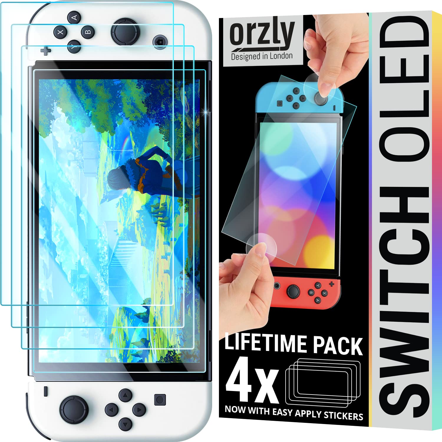 Orzly Glass Screen Protector for Nintendo Switch OLED 2023 Console Accessories (Pack of 4) - Tempered Glass Life time Edition`