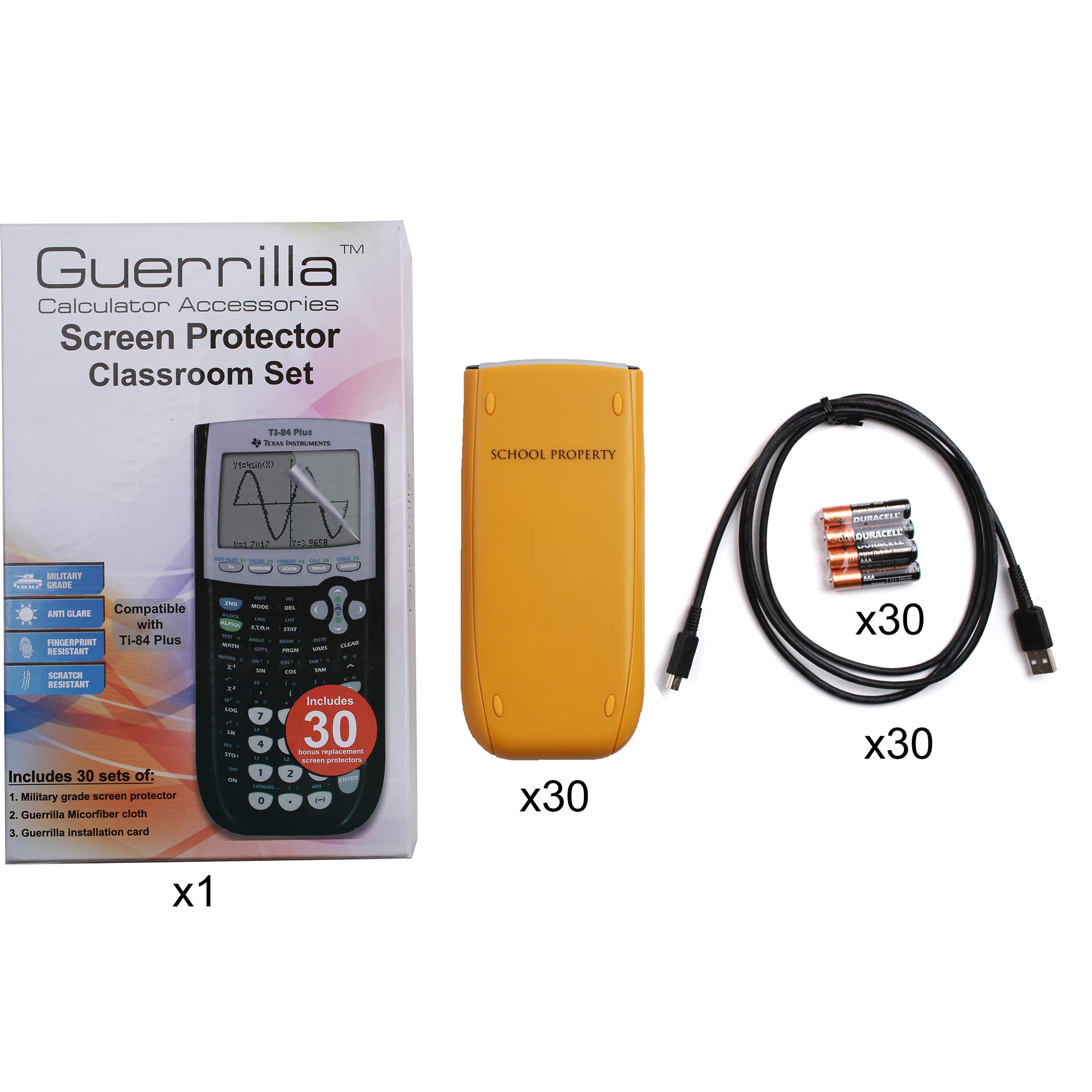 TI-84 Plus Graphing Calculator Teacher Set Pack (30 Calculators) + Guerrilla Teacher Set of Screen Protectors + 120 Batteries