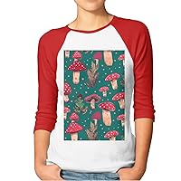 Women's 3/4 Sleeve Shirts Baseball Tee Red Mushrooms Raglan Shirts Casual Tops Comfy Blouses