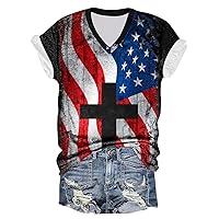 Vintage American Flag Print Shirt Women 4th of July Patriotic Tee Tops 2024 Summer Short Sleeve V Neck Casual Blouse