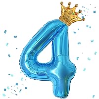 40 Inch Blue Number 4 & Mini Crown Balloon for Birthday Party Decorations, 4th Birthday Party Decorations Blue Theme Party Balloons Decorations Supplies
