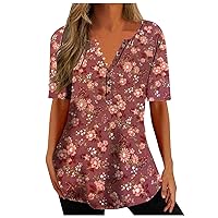 Womens Henley Tunic Tops Summer Button Up T-Shirts Loose Fit Short Sleeve T Shirt Vintage Floral V-Neck Casual Blouses