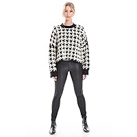 Max Studio Women's Long Sleeve Large Herringbone Jaquard Sweater, White/Black Harringbone