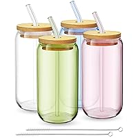 Tumblers with Lids - Drinking Glasses, Iced Coffee Cups with Bamboo Lids (4 Pack, Multicolor, No Sleeves)