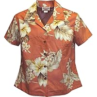 Pacific Legend Womens Plumeria Hibiscus Feather Fern Fitted Shirt Peach XXL