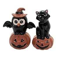 Fine Ceramic Thanksgiving Halloween Black Cat & Owl on Pumpkin Salt & Pepper Shakers Set, 3-3/4
