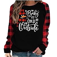 Baby It‘s Cold Outside Shirts Women Christmas Buffalo Plaid Raglan Long Sleeve T-Shirt Casual Xmas Pullover Tops